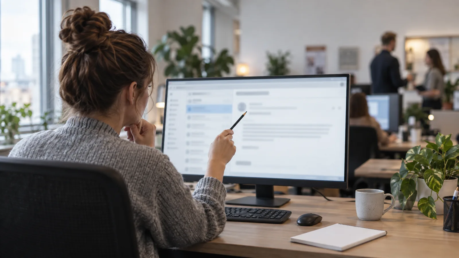 Pracownica w biurze wskazuje ołówkiem wiadomość e-mail na monitorze i uważnie ją analizuje.