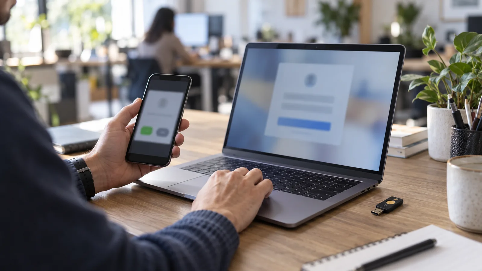 Użytkownik zatwierdza logowanie w telefonie przy laptopie z formularzem logowania, obok leży klucz bezpieczeństwa USB.